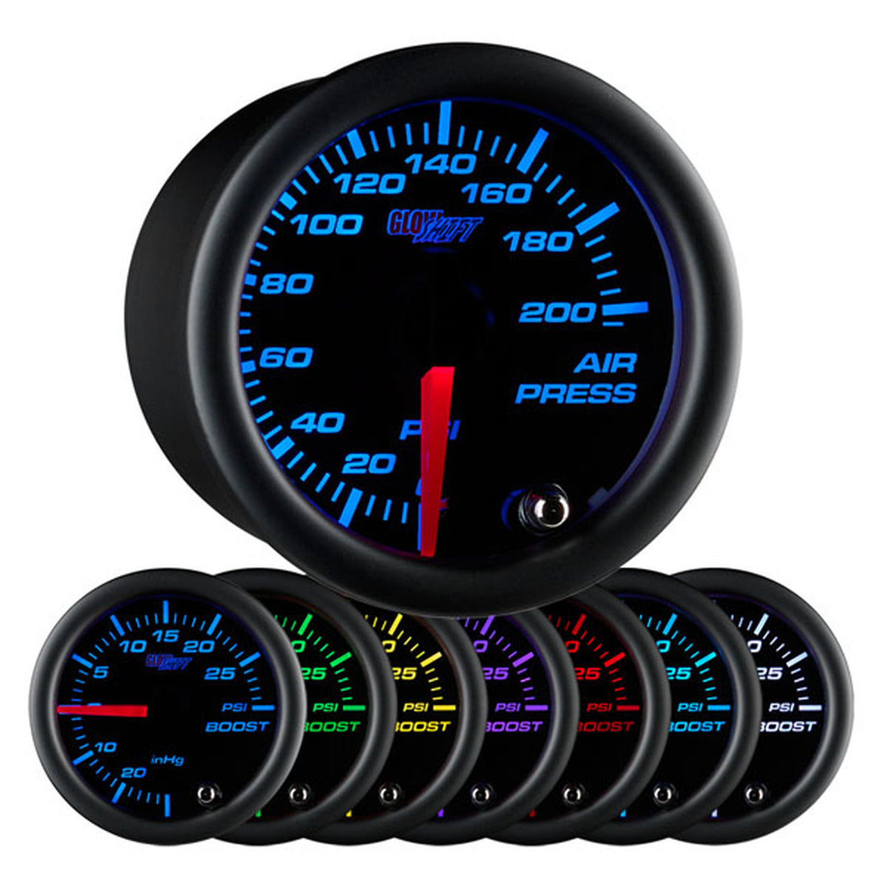 Glow Shift Black 7 Color 200 PSI Air Pressure Gauge